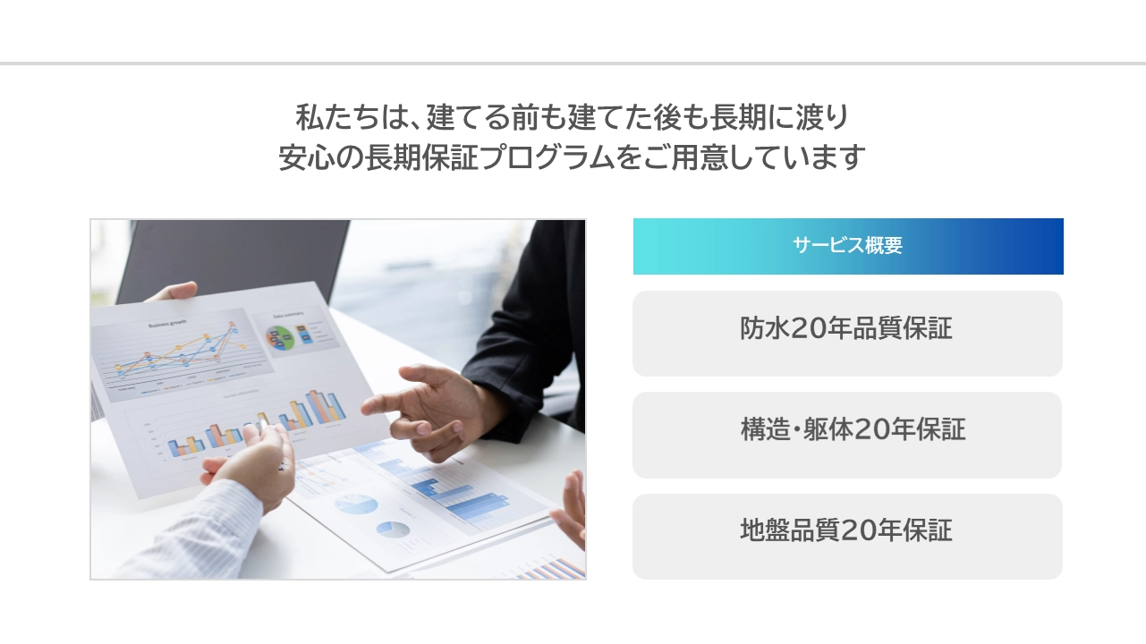 私たちは、建てる前も建てた後も長期に渡り安心の長期保証プログラムをご用意しています　サービス概要：防水20年品質保証、構造・躯体20年保証、地盤品質20年保証